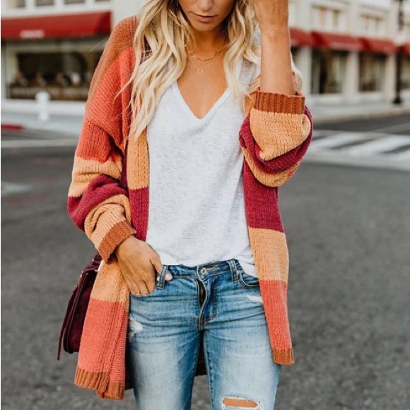 Autumn Colorblock boho Stripes Knit Open Front Cardigan Casual stripes - Picture 4 of 13